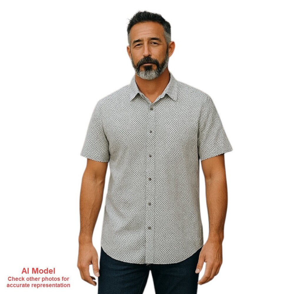 Simons Le31 Mens Large S/S Shirt Cotton Button Up Gray Black/White Patterned